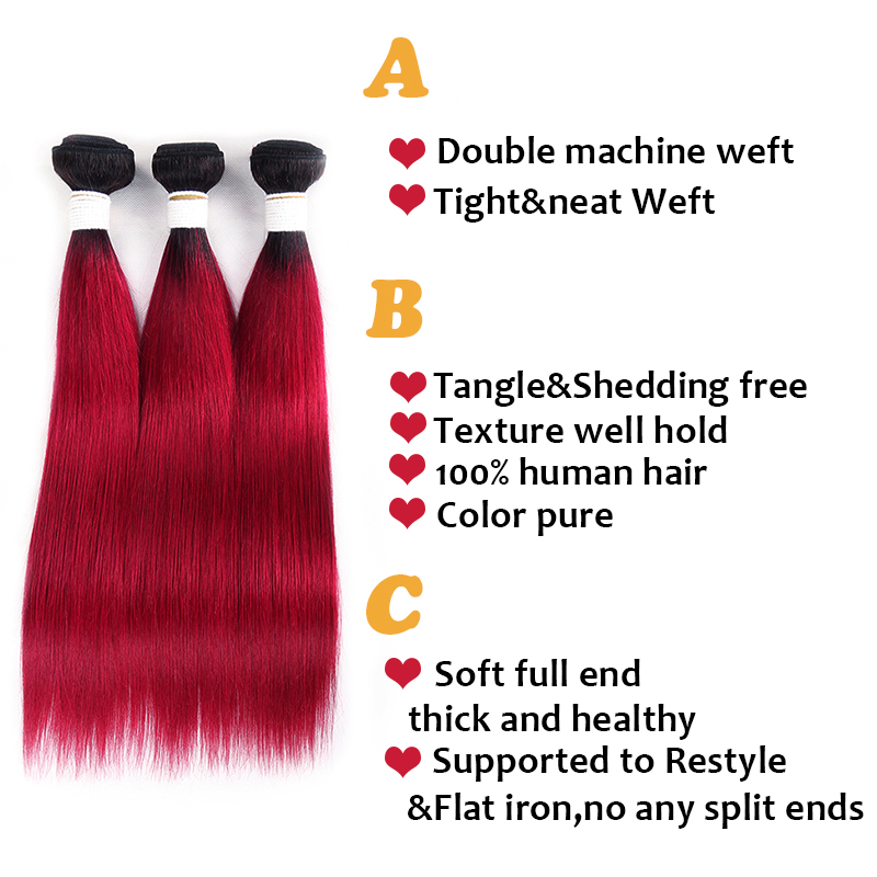 1B/BURG Ombre Straight Hair 4 Bundles With 4x4 Lace Closure Pre Colored human hair - Lumiere hair