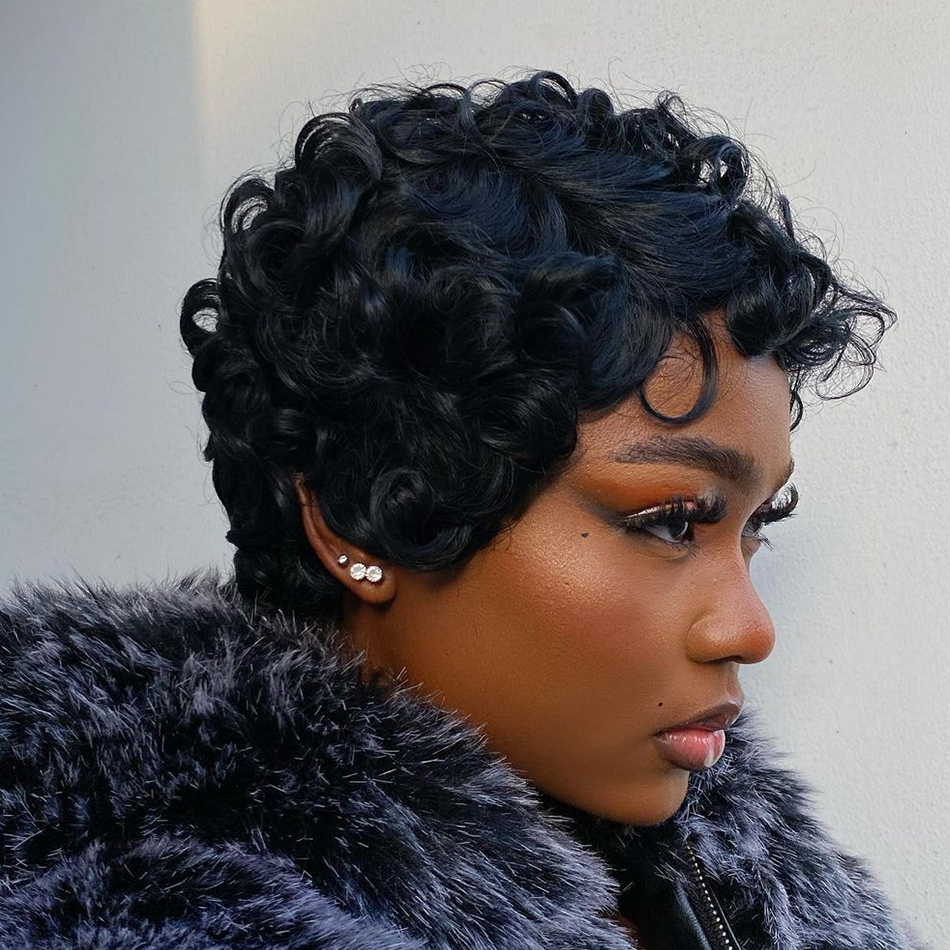 Ship In 24Hours-Lumiere Natural Black 13x1 Lace Loose Curly Short Pixie Cut Bob Wigs For Women