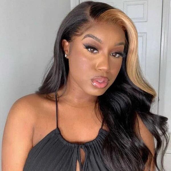 Blonde Skunk Stripe Hair Natural Body Wave Hairstyle 13X4 / 4x4 Lace Wigs For Women