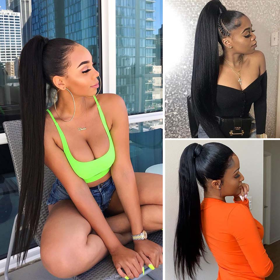 Ship In 24Hours-Lumiere Straight Wrap Around Ponytail Human Hair Extensions Natural Color Hairpiece
