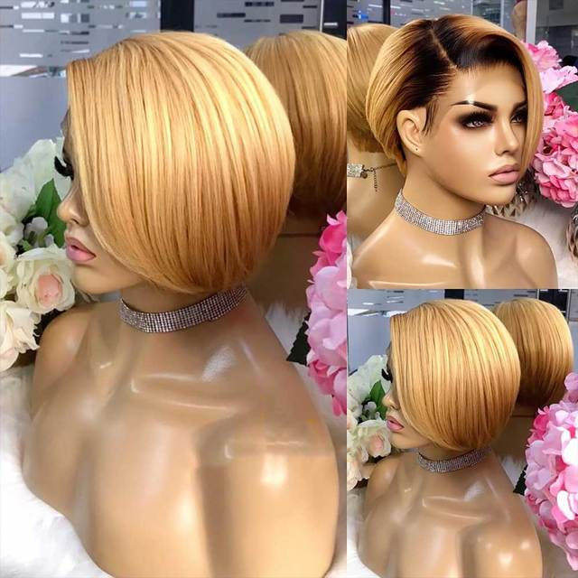 Ship In 24Hours-Lumiere 1B/27 Ombre Straight Pixie Cut Short Bob 13x4x1 T Lace Front Human Hair Wig