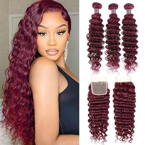 Red Bundles 99J Colored Deep Wave 3 Bundle With 4X4 Closure HD Transparent Lace