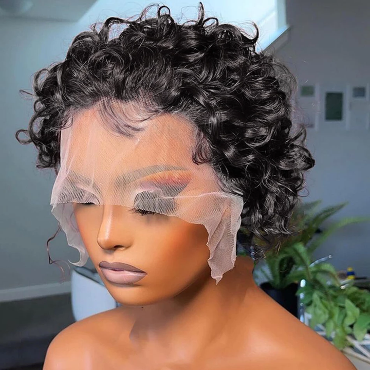 Ship In 24Hours-Lumiere Natural Black 13x1 Lace Loose Curly Short Pixie Cut Bob Wigs For Women