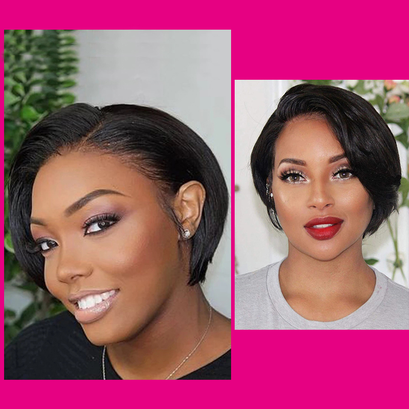 Naturel Noir 13x1 T Lace Side Part Straight Short Pixie Cut Bob Perruques Pour Les Femmes