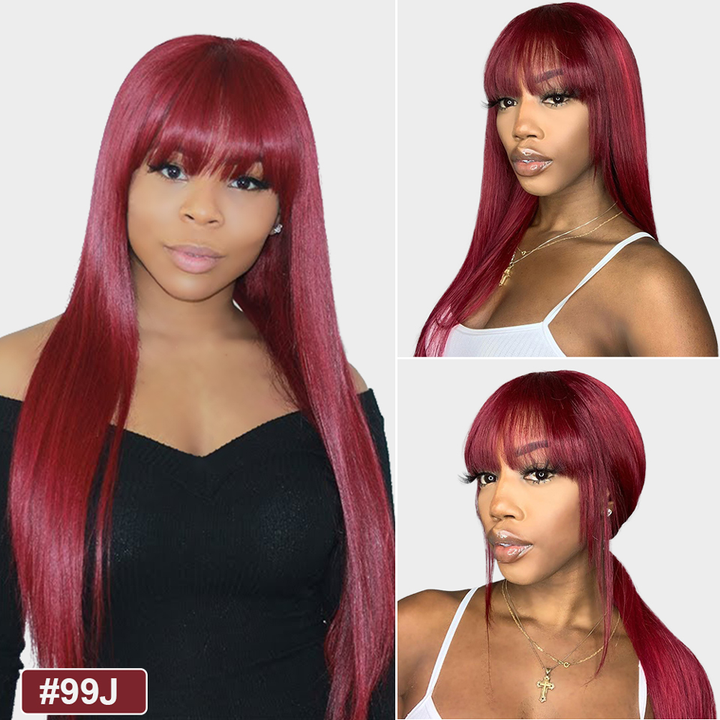 Lumiere 99j straight wig with bangs full machine made None Lace human hair