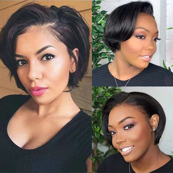 Natural Black 13x1 T Lace Side Part Straight Short Pixie Cut Bob Wigs For Women
