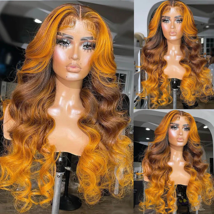T6/Yellow Skunk Stripe Highlight Body Wave Lace Frontal Human Hair Wigs for black women