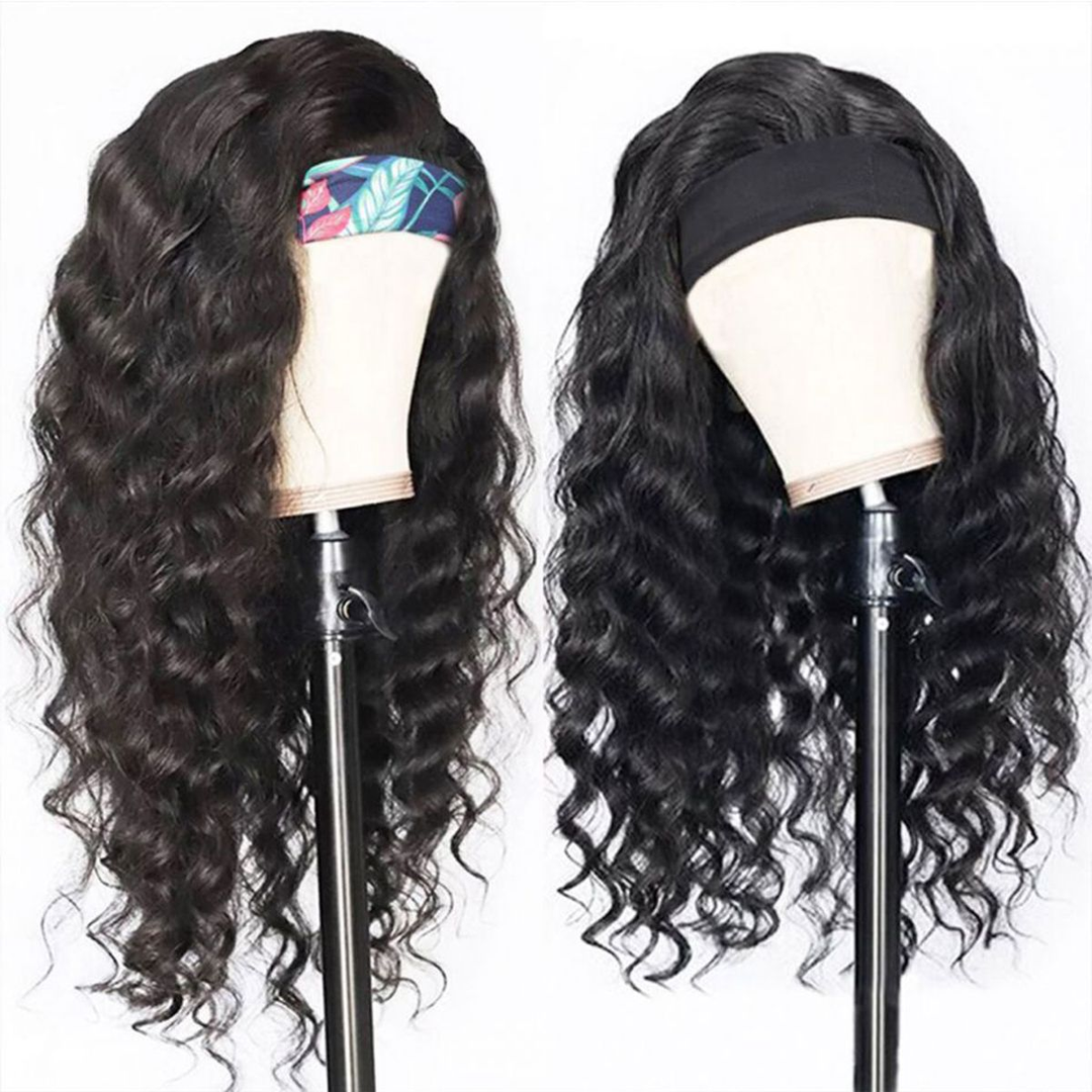 Loose Deep Headband Wig Natural Black Machine Made Non-Lace Wig