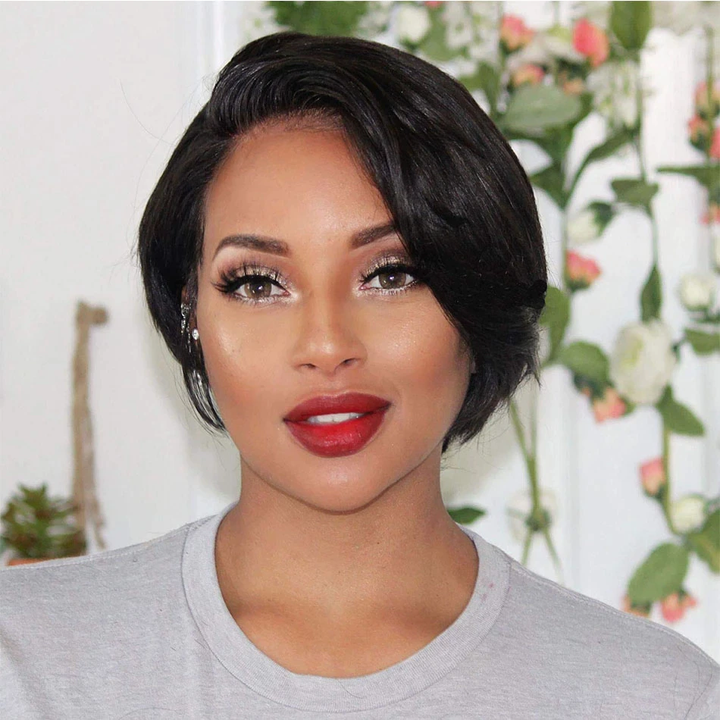 Natural Black 13x1 T Lace Side Part Straight Short Pixie Cut Bob Wigs For Women