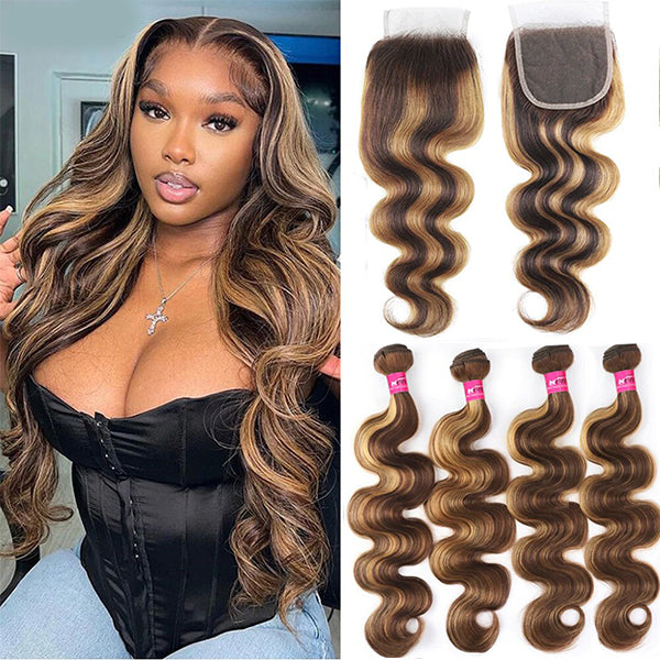 P4/27 Highlight Body Wave 4 Bundles With 4x4 Lace Closure Human Hair