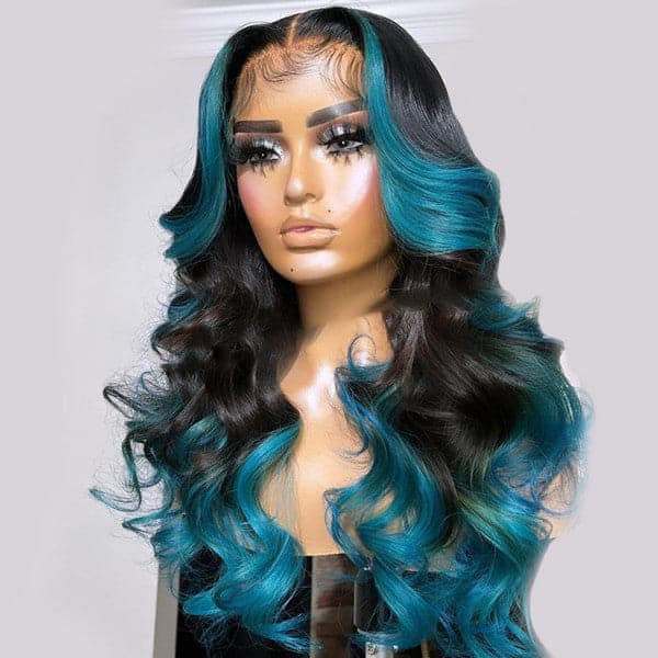 Skunk Stripe Black And Highlight Blue Ombre Body Wave 13x4/4x4 Lace Front Human Hair Wigs