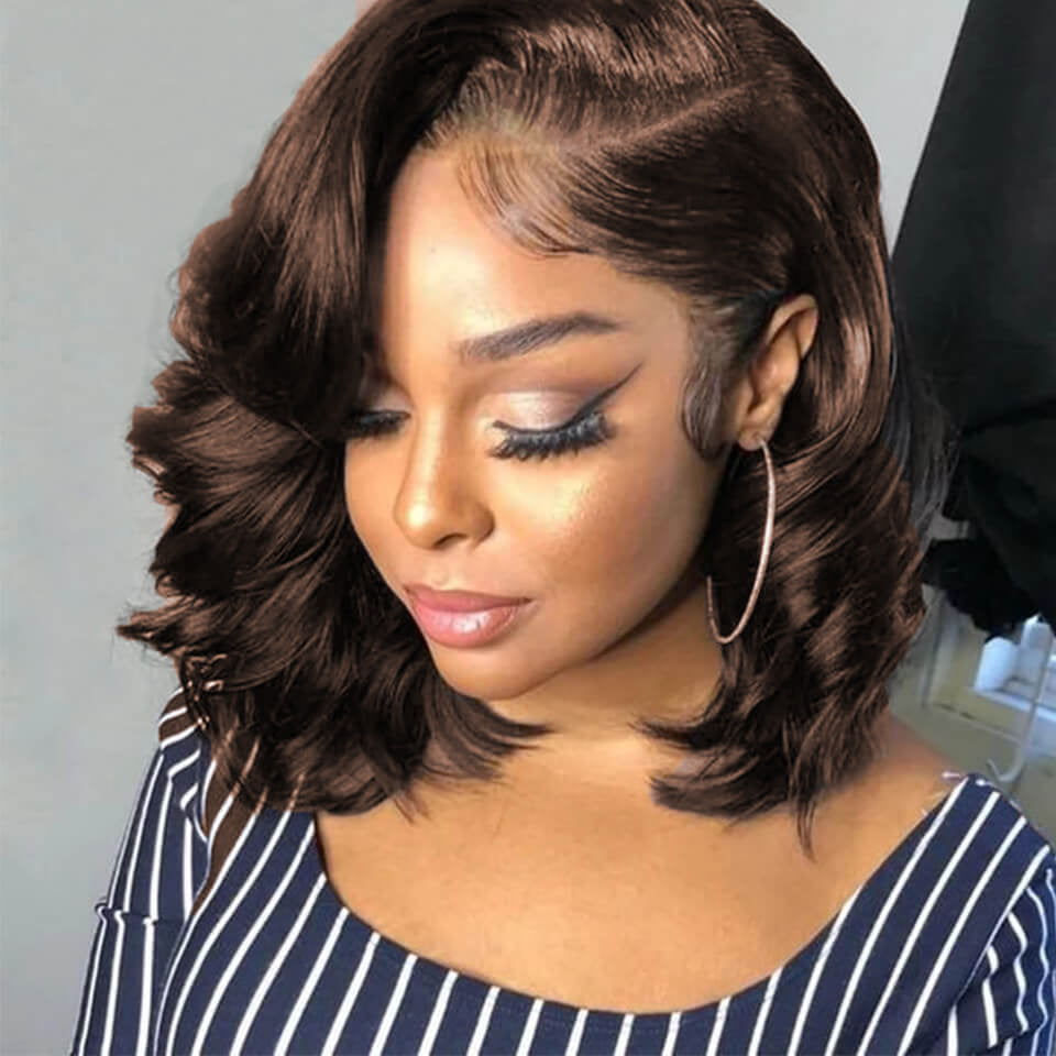 Chocolate Brown & Natural Black Body Wave Short Bob 13x4 Lace Frontal Wigs Pre Plucked