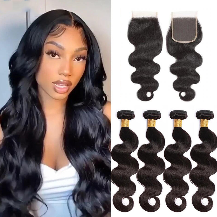 (B1) Body Wave 4 Bundles With 4X4 Transparent Lace Closure Brazilian Human Hair