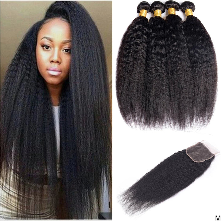 Lumiere Kinky Straight Hair 4 Bundles with 4x4 Lace Closure Human Hair Extensions