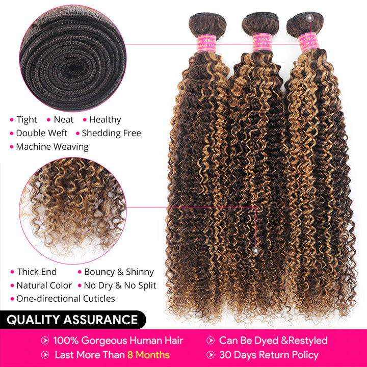 P4/27 Highlight Kinky Curly 4 Bundles With 4x4 Lace Closure Brazilian Remy Human Hair