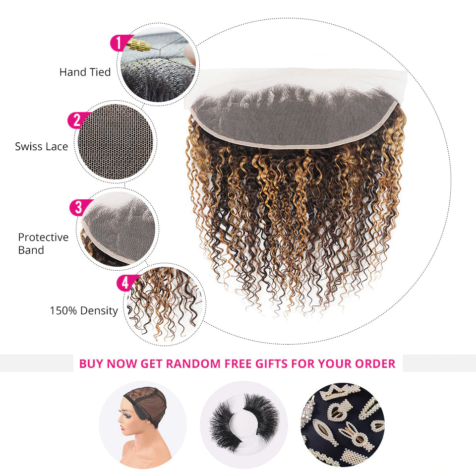 Highlight P4/27 Kinky Curly 4 Bundles With 13x4 Lace Frontal Brazilian Hair