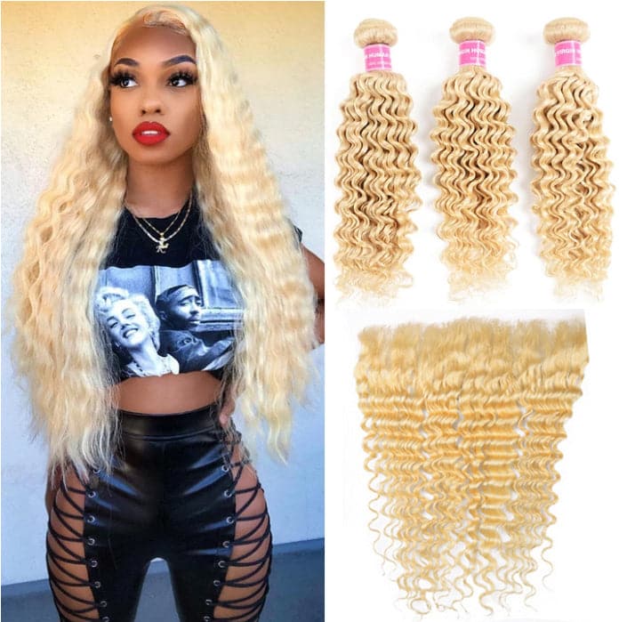613 Blonde deep Wave 3 Bundles with 13x4 frontal transparent lace with baby hair