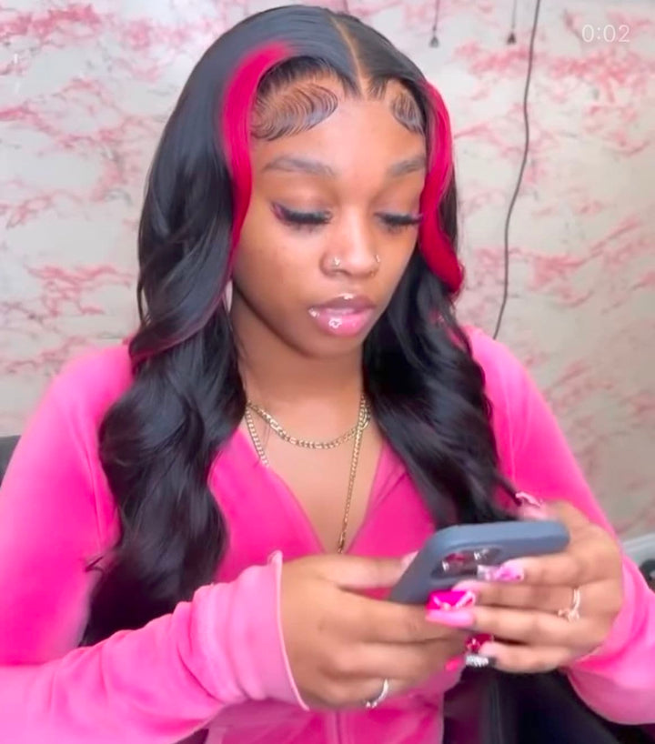 Skunk Stripe Highlight Pink Wigs Human Hair 13x4/4x4 HD Lace Frontal Wig Body Wave Hair 150% 180% Densit