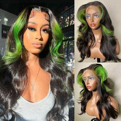 Perruque de Cheveux Humains Lace Front Vague de Corps Verte Noire