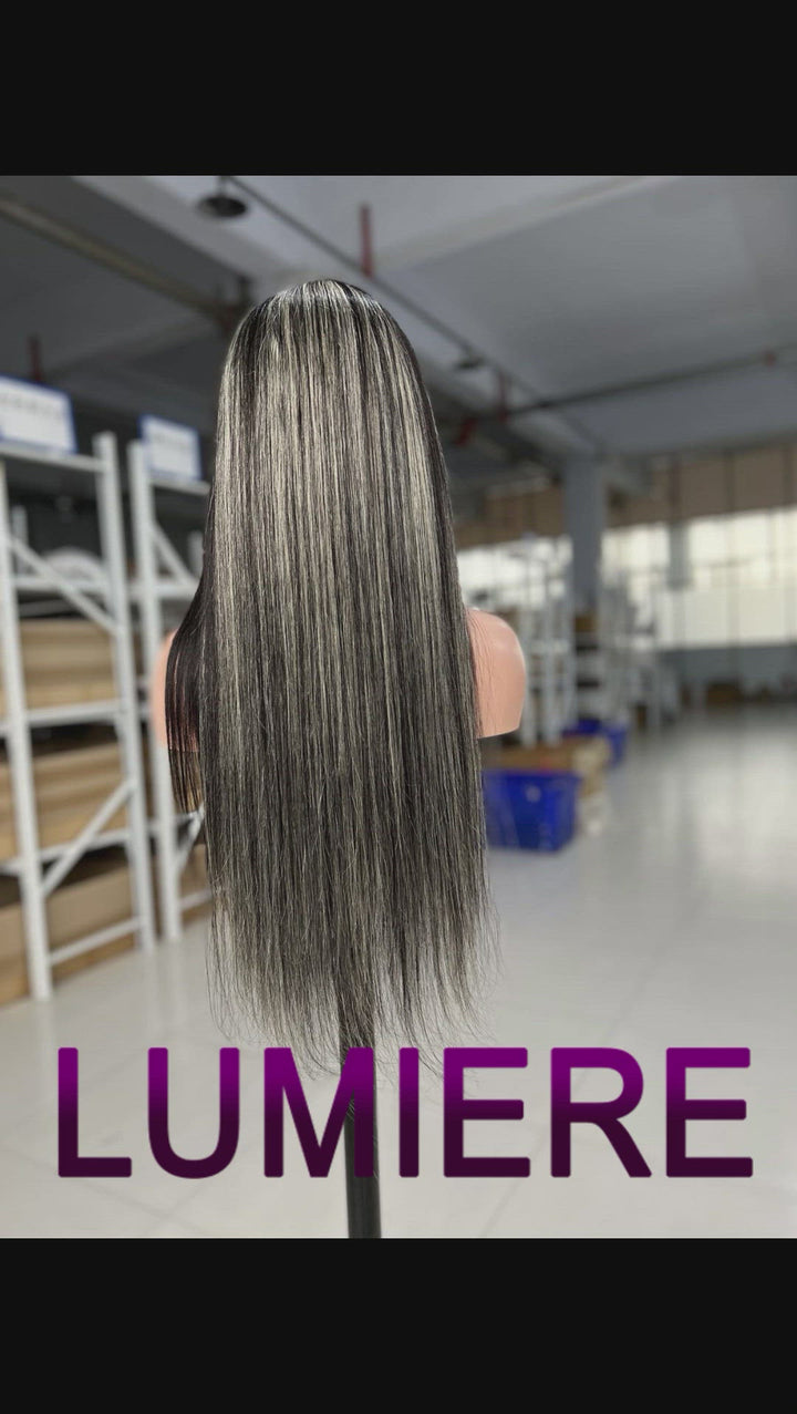 Salt And Pepper Black & Grey Skunk Stripe Highlight Straight 13x4/4x4 HD Lace Frontal Wig