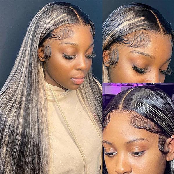 Salt And Pepper Black & Grey Skunk Stripe Highlight Straight 13x4/4x4 HD Lace Frontal Wig