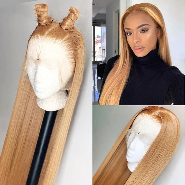 lumiere Straight 5x5 lace closure &13x4 frontal wigs #27 colored hpney blonde  human hair wigs with baby hair