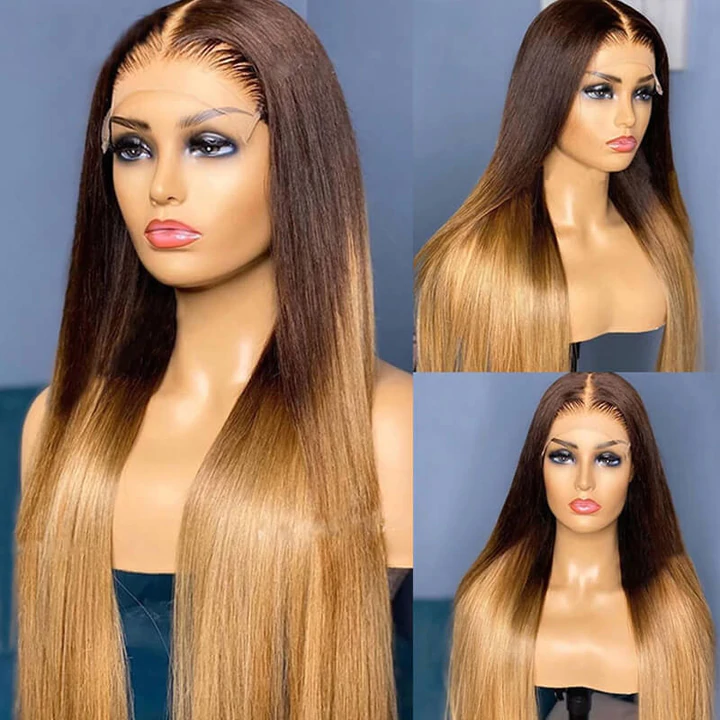 Skunk Stripe Straight 4X4 13X4 Lace Frontal Wig for Black Women T4/27 Ombre Color Hair