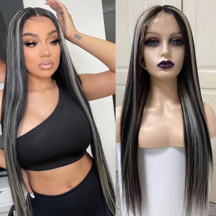 Salt And Pepper Black & Grey Skunk Stripe Highlight Straight 13x4/4x4 HD Lace Frontal Wig