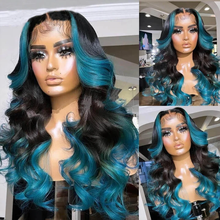 Skunk Stripe Black And Highlight Blue Ombre Body Wave 13x4/4x4 Lace Front Human Hair Wigs