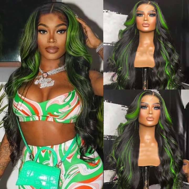 Perruque de Cheveux Humains Lace Front Vague de Corps Verte Noire