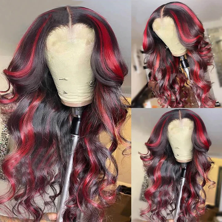 Ombre Noir Bourgogne mis en évidence Body Wave 13X4 / 4x4 Lace Frontal Wigs