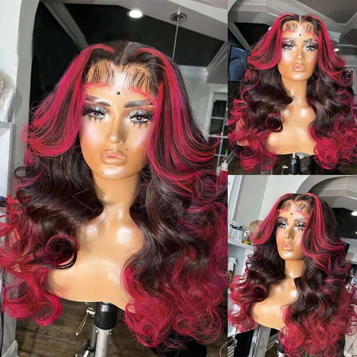 Skunk Stripe Natural Black Roots Burgundy Loose Wave Virgin Hair Lace Frontal Wig human hair