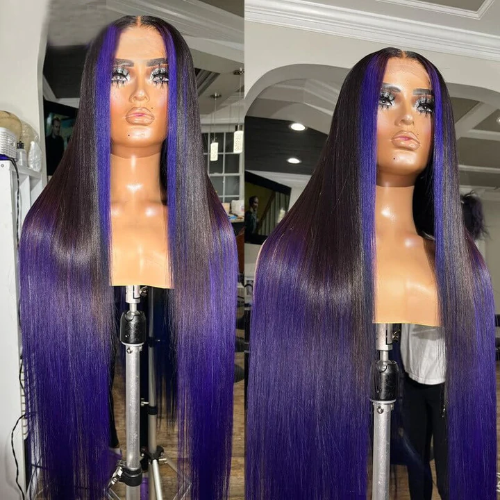 Skunk Stripe Ombre Purple Colored Straight 13x4 / 4x4 HD Lace Front Human Hair Wig
