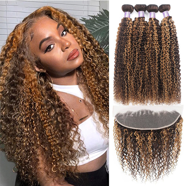 Highlight P4/27 Kinky Curly 4 Bundles With 13x4 Lace Frontal Brazilian Hair