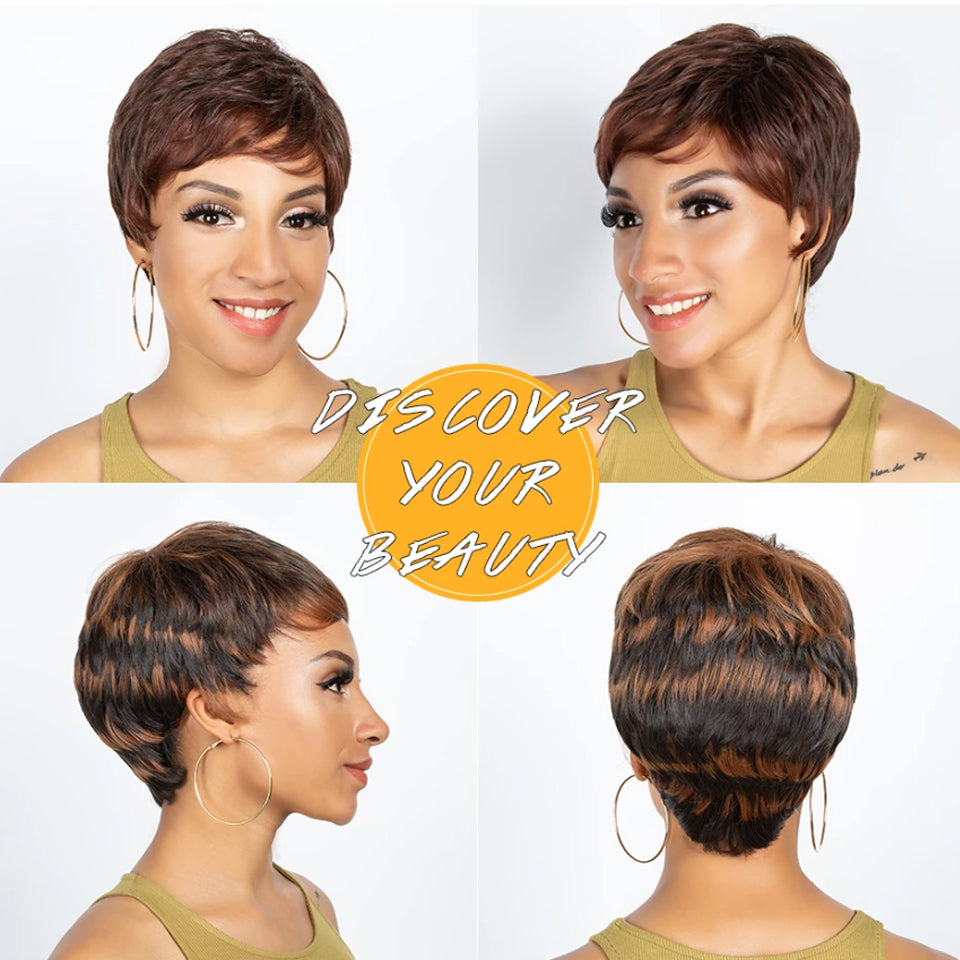 Brown Ginger Short Curly Pixie Cut Bob Machine Made Wig With Bangs For African Women High Qulaity