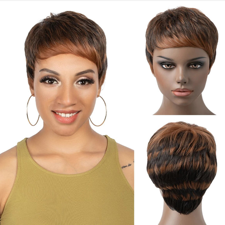 Brown Ginger Short Curly Pixie Cut Bob Machine Made Wig With Bangs For African Women High Qulaity