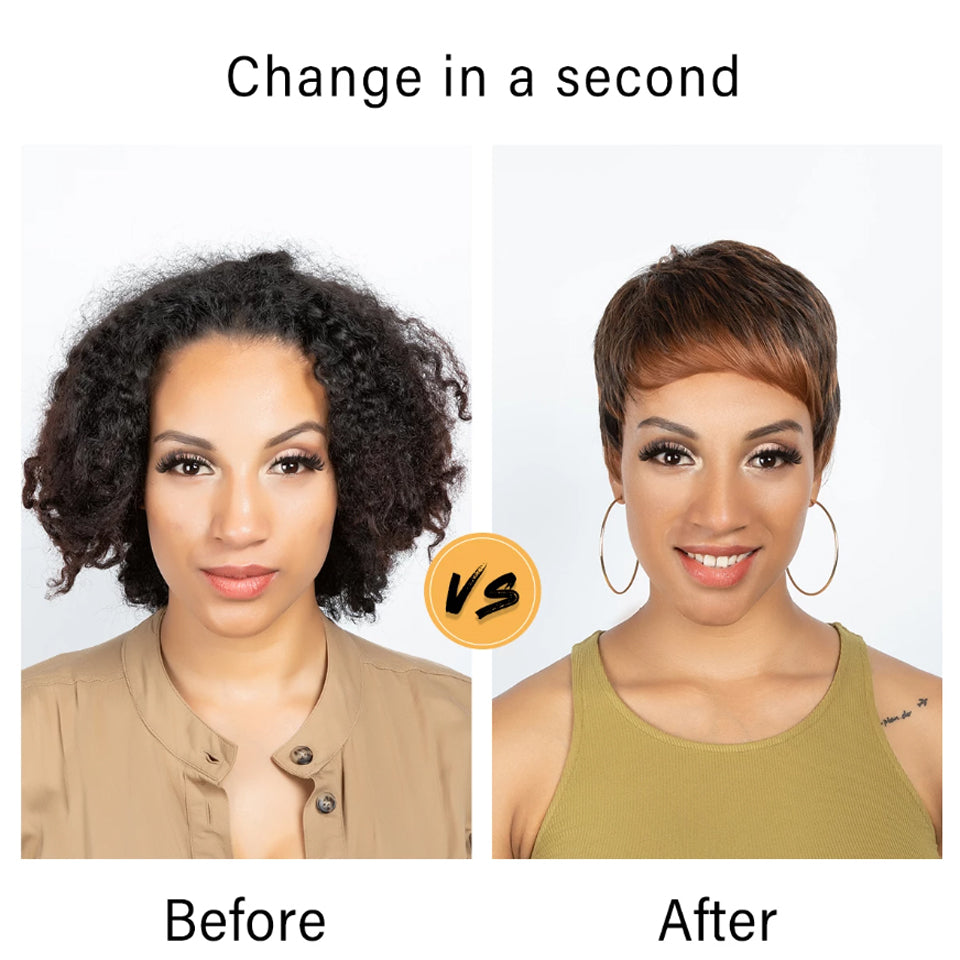Brown Ginger Short Curly Pixie Cut Bob Machine Made Wig With Bangs For African Women High Qulaity