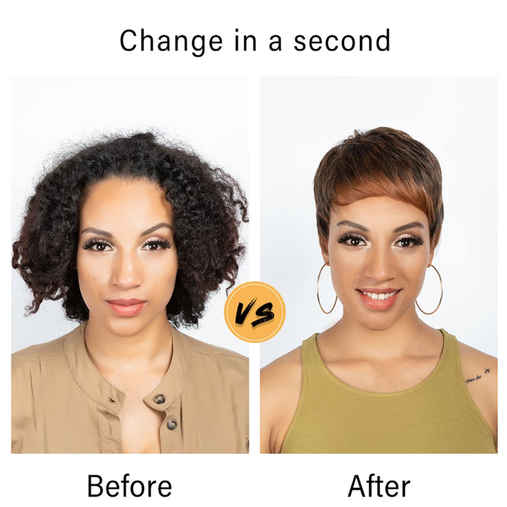 Brown Ginger Short Curly Pixie Cut Bob Machine Made Wig With Bangs For African Women High Qulaity