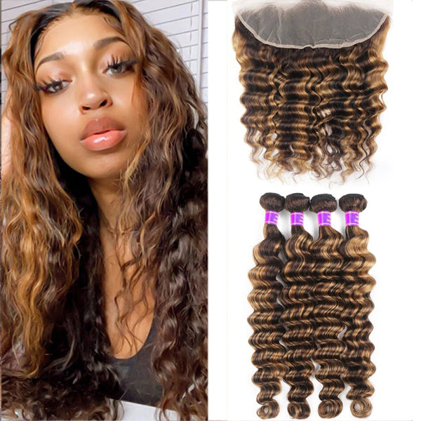 Highlight P4/27 Loose Deep Wave 4 Bundles With 13X4 Frontal Transparent Lace