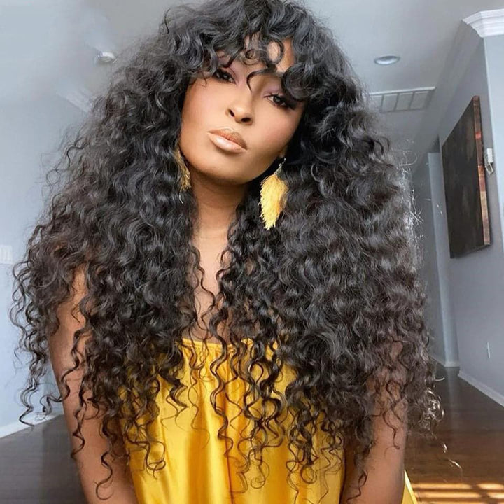 Water Wave Natural Looking Full Machine Made Wigs With Bangs 8-30 inches None Lace
