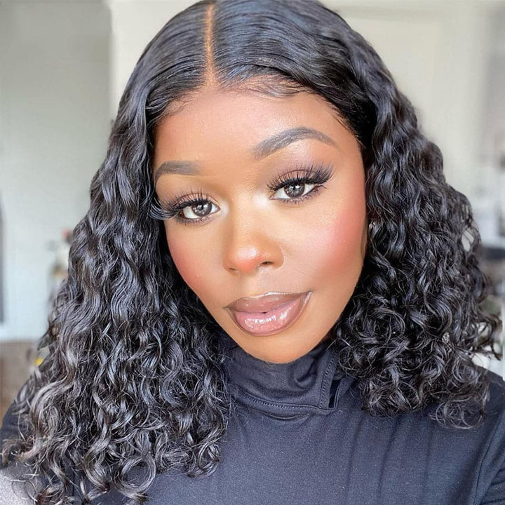 Water Wave 13x1 T-Part Lace Front Short Bob Wigs Human Hair Pre-Plucked