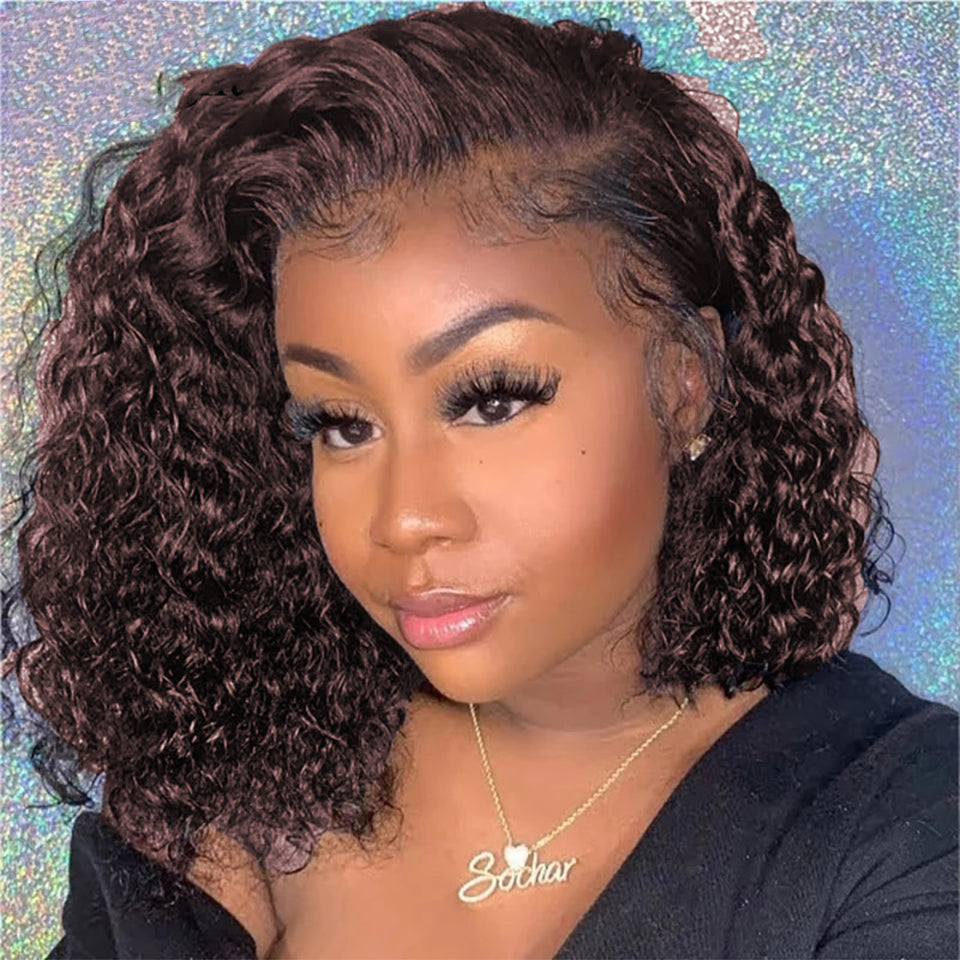 Chocolate Brown Water Wave 13X4 / 4X4 Lace Frontal / Closure Short Bob Wig