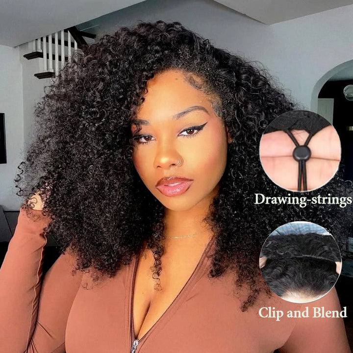 [3 In 1 ] Half Wig with Drawstring Kinky Curly Ready To Go Wig Human Hair Wigs With Natural Hairline Human Hair
