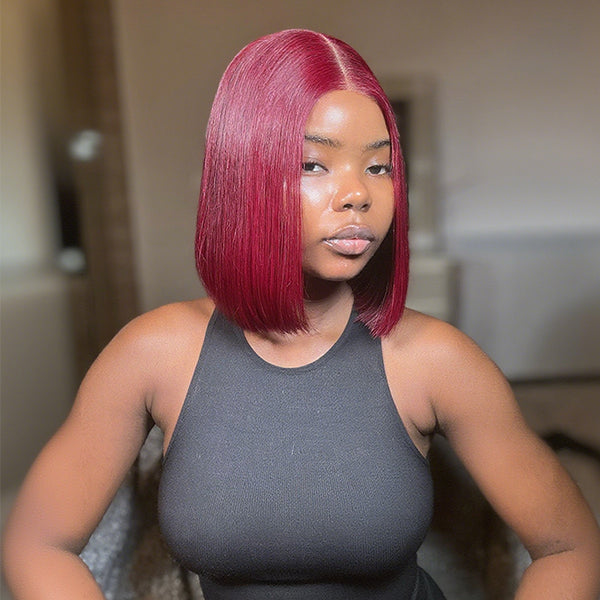 15A Lumiere 2x6 Lace Closure Straight Bob Wigs 250% Density #99J Red Colored Blunt Cut New Short Bob Wigs