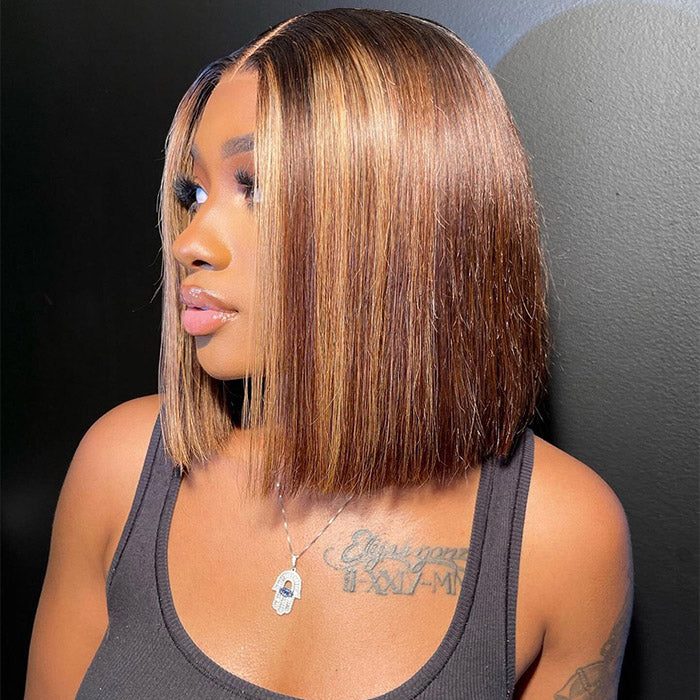 Lumiere A1 Customized Highlight P4/30 Ombre Hair 4x4 Lace Closure Straight Bob Wigs 14 Inch