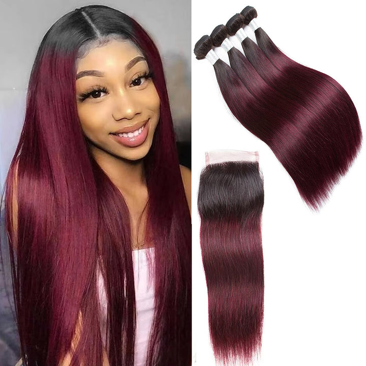 lumiere 1B/99J Ombre Straight Hair 4 Bundles With 4x4 Lace Closure Pre Colored human hair