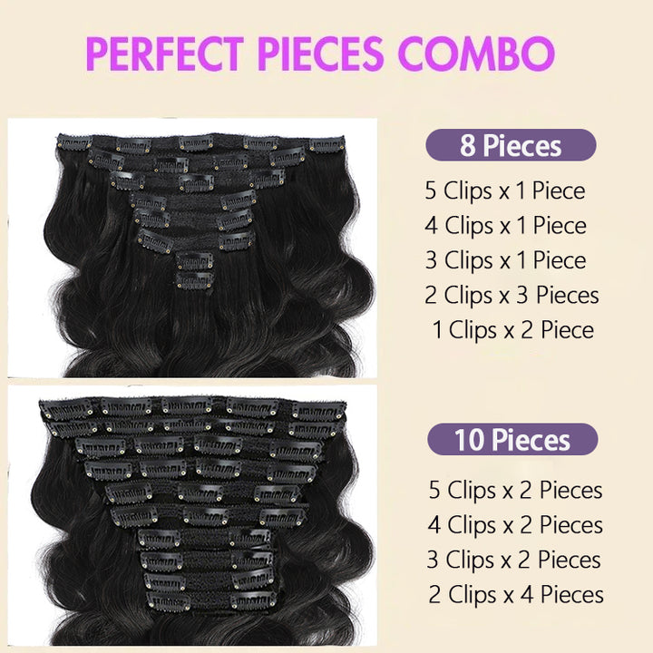 Ship In 24Hours-Lumiere Body Wave Clip In Human Hair Extensions 8 Pieces 120g Natural Black 8-26 Inch