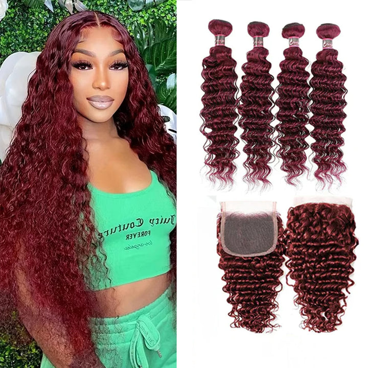 350 Ginger Orange Deep Wave 4 Bundles avec 4x4 Lace Closure Brazilian Remy Hair 