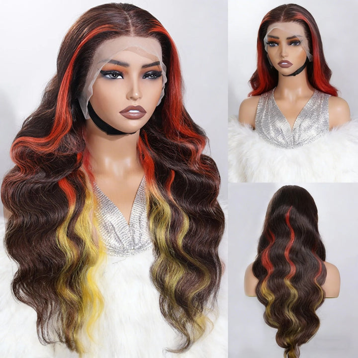 Lumiere Ginger Highlights Multi Colored Lace Front Body Wave Wig Brown with Mixed Orange Yellow Human Hair Wig (WG-95)