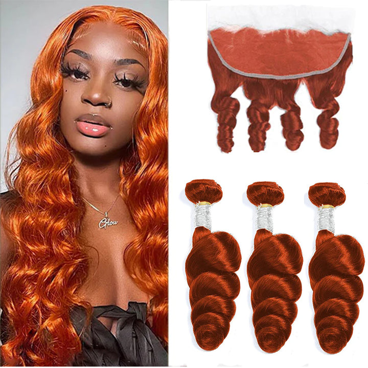 350 Ginger Color Loose Wave 3 Bundles With 13x4 HD Lace Frontal Human Hair Extension Brazilian Weave